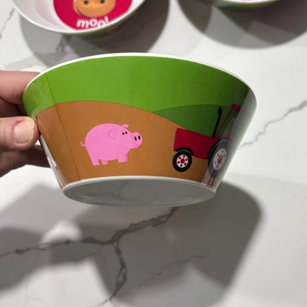 Plastic Green White Red Farm Themed Bowls Set Of 4 Dessert Cups Cow Horse Barn